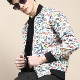 SHOWOFF Conversational Printed Windcheater & Water Resistant Bomber Jacket-27