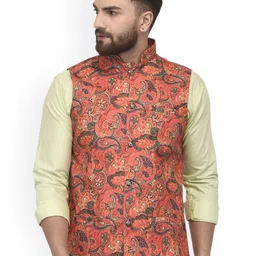 Benstoke Men Coral & Grey Printed Woven Design Nehru Jacket-5