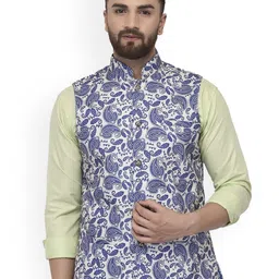 Benstoke Men Blue & White Printed Nehru Jackets-image-25