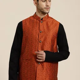 SOJANYA Men Rust Orange Self Design Jacquard Nehru Jacket-picture-25