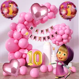 Masha and The Bear 10th Birthday Decoration Kit Pink Balloon Garland, Banner Set-image-26