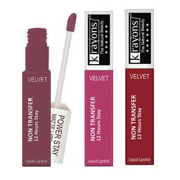 krayons Set of 3 Power Stay Non-Transfer 12 Hours Stay   Matte Liquid Lipsticks 4 ml Each-Mauve Glaze 23 - Pink Glam 10 - Red Rush 22-17