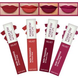 FORFOR Set of 4 Power Stay Matte Lips Non-Transfer 12 Hours Stay Velvet Matte Liquid Lipstick 4 ml Each- Peppy Red 22-Candy Red 01-Bridal Maroon 09-Pink Blush 10-13