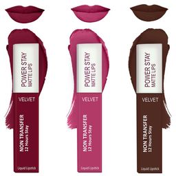 Forsure Set of 3 Power Stay Matte Lips Non-Transfer 12 Hours Stay Velvet Matte Liquid Lipstick - Pink Blush 09 - Cherry Maroon 10 - Deep Brown 16-14