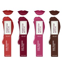 Forsure Set of 4 Power Stay Matte Lips Non-Transfer 12 Hours Stay Velvet Matte Liquid Lipstick - Bright Red 01 - Cherry Maroon 09 - Pink Blush 10 - Deep Brown 16-18