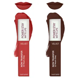 Forsure Set of 2 Power Stay Matte Lips Non-Transfer 12 Hours Stay Velvet Matte Liquid Lipstick - Bright Red 01 - Deep Brown 16-13