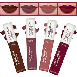 FORFOR Set of 4 Power Stay Matte Lips Non-Transfer 12 Hours Stay Velvet Matte Liquid Lipstick 4 ml Each- Cocoa Brown 16-Mauve Matte 23-Sandy Nude 21-Bridal Maroon 09-55