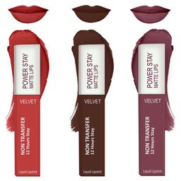Forsure Set of 3 Power Stay Matte Lips Non-Transfer 12 Hours Stay Velvet Matte Liquid Lipstick - Bright Red 01 - Deep Brown 16 - Mauve Matte 23-24