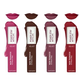 Forsure Set of 4 Power Stay Matte Lips Non-Transfer 12 Hours Stay Velvet Matte Liquid Lipstick - Pink Blush 10- Deep Brown 16 - Mauve Matte 23 - Deep Red 22-20
