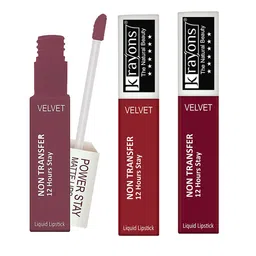 krayons Set of 3 Power Stay Non-Transfer 12 Hours Stay   Matte Liquid Lipsticks 4 ml Each-Mauve Glaze 23 - Red Rush 22 - Maroon Magic 09-11
