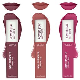 Forsure Set of 3 Power Stay Matte Lips Non-Transfer 12 Hours Stay Velvet Matte Liquid Lipstick - Mauve Matte 23 - Peach Nude 21 - Pink Blush 10-17