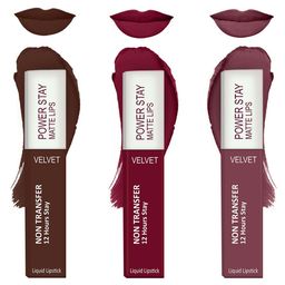 Forsure Set of 3 Power Stay Matte Lips Non-Transfer 12 Hours Stay Velvet Matte Liquid Lipstick - Deep Brown 16 - Cherry Maroon 09 - Mauve Matte 23-98