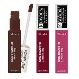 krayons Set of 3 Power Stay Non-Transfer 12 Hours Stay   Matte Liquid Lipsticks 4 ml Each- Caramel 16 - Maroon Magic 09 - Pink Glam 10-11