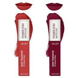 Forsure Set of 2 Power Stay Matte Lips Non-Transfer 12 Hours Stay Velvet Matte Liquid Lipstick - Bright Red 01 - Cherry Maroon 09-12
