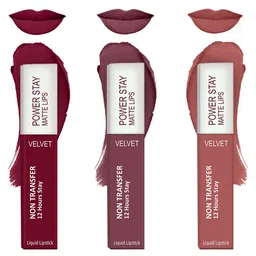 Forsure Set of 3 Power Stay Matte Lips Non-Transfer 12 Hours Stay Velvet Matte Liquid Lipstick - Cherry Maroon 09 - Mauve Matte 23 - Peach Nude 21-78