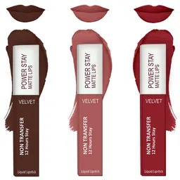 Forsure Set of 3 Power Stay Matte Lips Non-Transfer 12 Hours Stay Velvet Matte Liquid Lipstick - Deep Brown 16 - Peach Nude 21 - Deep Red 22-8
