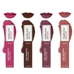 Forsure Set of 4 Power Stay Matte Lips Non-Transfer 12 Hours Stay Velvet Matte Liquid Lipstick - Pink Blush 10 - Deep Brown 16 - Mauve Matte 23 - Peach Nude 21-21
