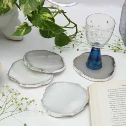 home arte Silver Plated Brazilian Natural White Agate Coaster Set for Tea Cups, Coffee Mugs Set of 4-picture-4
