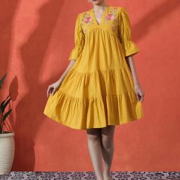 Women A-line Yellow Above Knee/Mid Thigh Length Dress-image-2