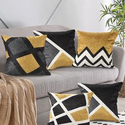 AAZEEM Yellow & Black Set of 5 Geometric Velvet Square Cushion Covers-2