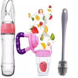 Combo of 3pcs Spoon Food Feeder Fruit Feeder Cleaning Brush For New Born baby Teether and Feeder-image-44