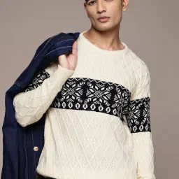 Men Self Design Round Neck White Sweater-image-96