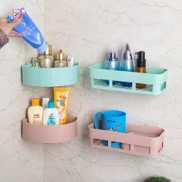 Wall Mount Storage Corner Shelf Bathroom Kitchen Rack Self Adhesive Shower Plastic Wall Shelf-image-41