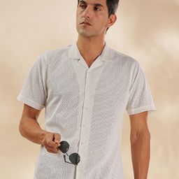 HERE&NOW Men Cuban Collar Geometric Self Design Slim Fit Casual Shirt-image-42