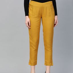 Varanga Women Mustard Yellow Regular Fit Solid Cropped Trousers-picture-31