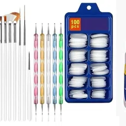 15 pcs Nail Art Brush & 5 Nail Art Design Dotting Painting Drawing With 100 Pcs Reusable Acrylic False Nails or 1 Big Nail Glue-26