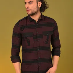 Campus Sutra Men Maroon Classic Horizontal Stripes Striped Cotton Casual Shirt-image-69