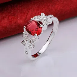 Butterflies-On-Ruby Silver Plated Red Adjustable Ring for Women and Girls. Crystal Crystal Silver Plated Ring-image-36