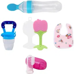 Baby Tree Teether,Spoon Feeder,Food nibbler, Finger Brush, Button bib Combo Pack - Silicon-15