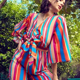 SASSAFRAS Blue & Pink Striped Front Tie Knot Playsuit-48