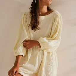 LULU & SKY Textured Self Design Boat Neck Puff Sleeves Loose Fit Playsuit-10