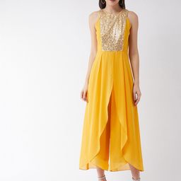 Miss Chase Mustard & Gold-Toned Halter Neck Embellished Layered Jumpsuit-picture-17