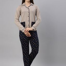 ETC Beige & Navy Blue Conversational Printed Pure Cotton Night Suit-image-34