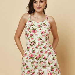 RAASSIO Floral Printed Shoulder Straps Cotton Playsuit-image-21