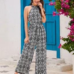 StyleCast Black Halter Neck Printed Sleeveless Cotton Basic Jumpsuit-picture-38