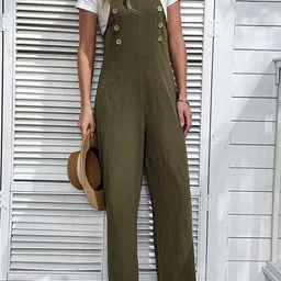 StyleCast Olive Green Shoulder Straps Cotton Basic Jumpsuit-image-42