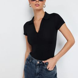 Trendyol Siyah V-Neck Bodysuit-image-41