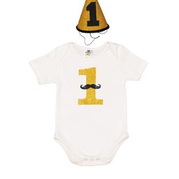TINY MINY ME Boys White Moustache Bodysuit with Cap-image-21