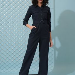 Tokyo Talkies Navy Blue Shirt Collar Cotton Basic Jumpsuit-image-92