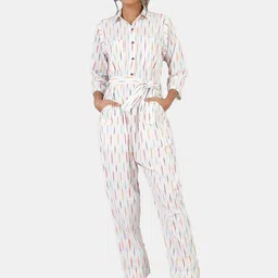 INDOPHILIA Printed Waist-Tie-Ups Cotton Basic Jumpsuit-image-15
