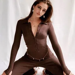 LULU & SKY Ribbed Shirt Collar Long Sleeves Button-Down Flared Jumpsuit-1