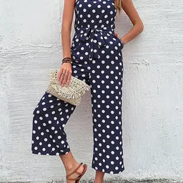 StyleCast Navy Blue Polka Printed Halter Neck Basic Jumpsuit-image-68