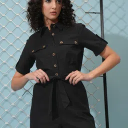 Tokyo Talkies Black Shirt Collar Cotton Basic Playsuit-45