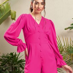 SASSAFRAS Pink V-Neck Front Button Playsuit-11