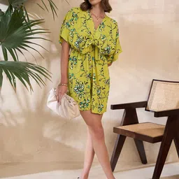 STYLECAST X KASSUALLY Yellow Floral Printed Front Knot Playsuit-35