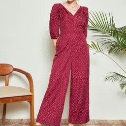 KASSUALLY Maroon Polka Dot Printed Cotton Basic Jumpsuit-image-86